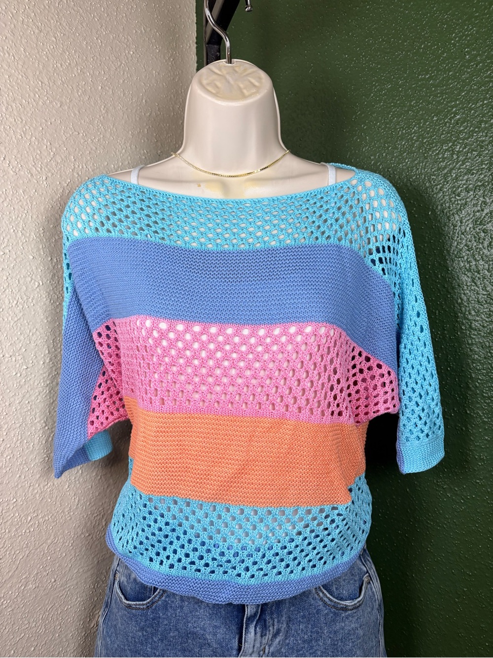 Lightweight Cable Knit Crochet Striped Boatneck Top medium